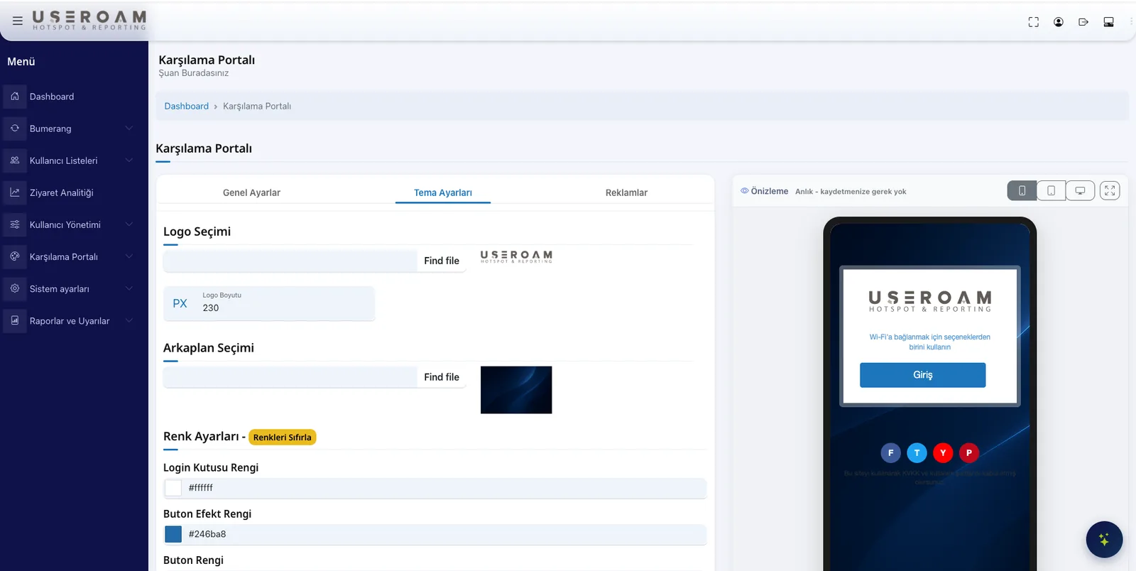 Captive portal ayar ekranı