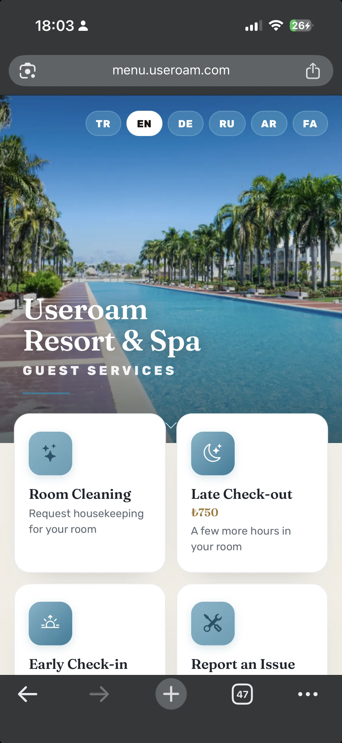 White-label otel misafir portalı: oda servisi, talepler ve otel hizmet kartları